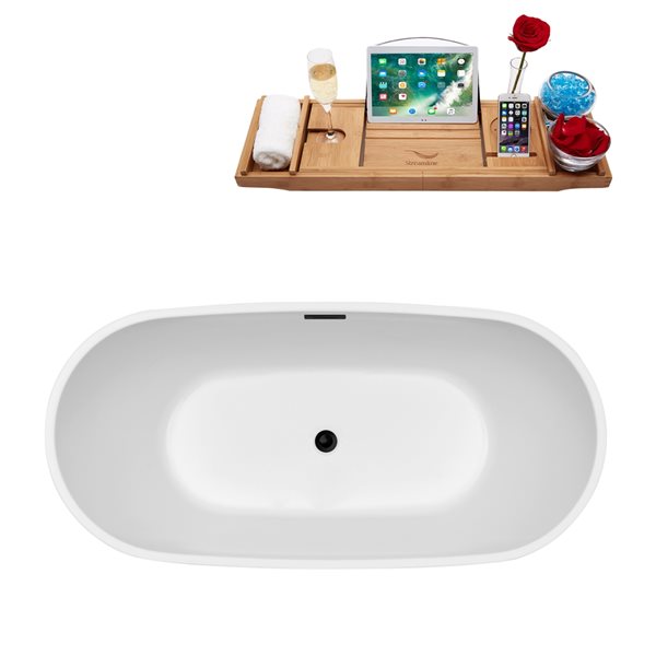 Streamline 28W x 59L Glossy White Acrylic Bathtub and a Matte Black Center Drain with Tray