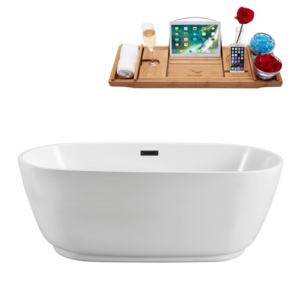 Streamline 28W x 59L Glossy White Acrylic Bathtub and a Matte Black Center Drain with Tray