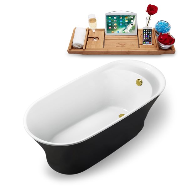 Streamline 28W x 59L Glossy Black Acrylic Bathtub and a Polished Gold Reversible Drain with Tray