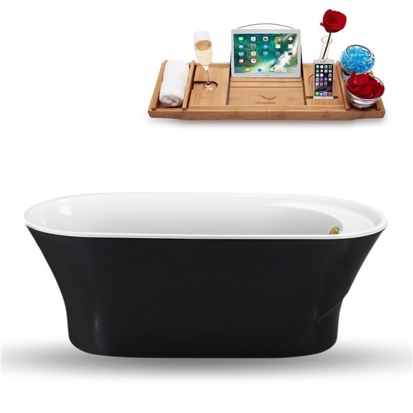 Streamline 28W x 59L Glossy Black Acrylic Bathtub and a Polished Gold Reversible Drain with Tray