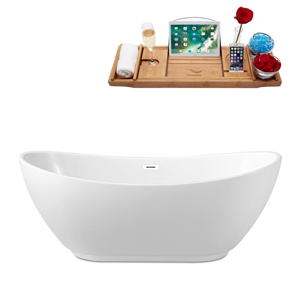 Streamline 28W x 67L Glossy White Acrylic Bathtub and a Glossy White Center Drain with Tray