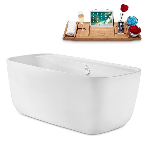 Streamline 30W x 59L Glossy White Acrylic Bathtub and a Glossy White Center Drain with Tray