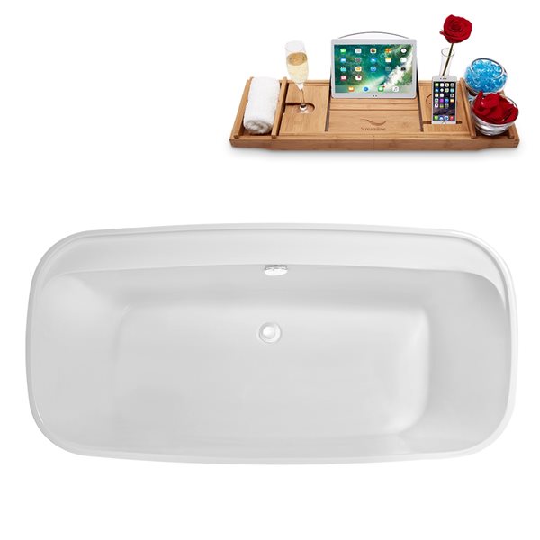 Streamline 30W x 59L Glossy White Acrylic Bathtub and a Glossy White Center Drain with Tray