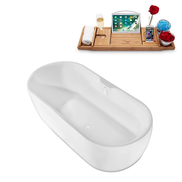 Baignoire en acrylique blanc lustré Streamline de 30 po x 67 po avec drain centré blanc lustré et plateau