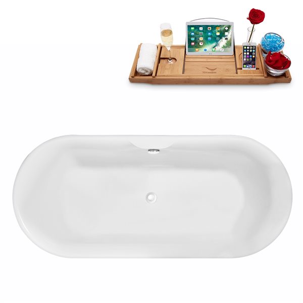 Baignoire en acrylique blanc lustré Streamline de 30 po x 67 po avec drain centré blanc lustré et plateau