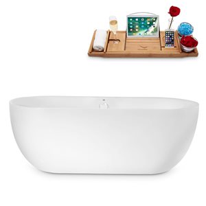 Baignoire en acrylique blanc lustré Streamline de 30 po x 67 po avec drain centré blanc lustré et plateau