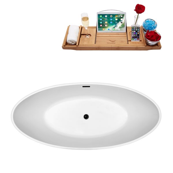 Streamline 32W x 63L Glossy White Acrylic Bathtub and a Matte Black Center Drain with Tray