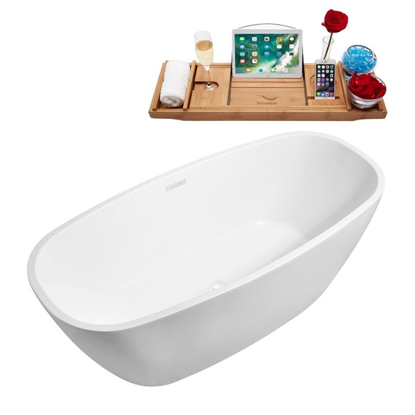 Streamline 31W x 67L Glossy White Acrylic Bathtub and a Glossy White Center Drain with Tray