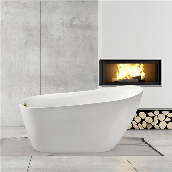 Streamline 31W x 67L Glossy White Acrylic Bathtub and a Polished Gold Reversible Drain with Tray