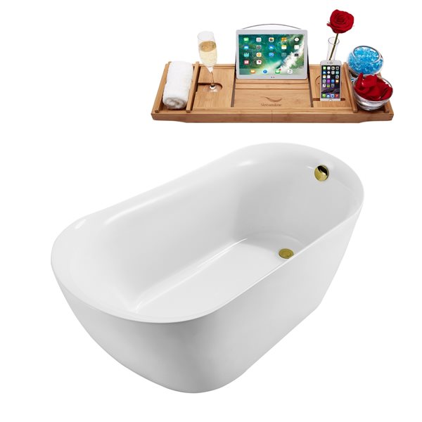 Streamline 31W x 67L Glossy White Acrylic Bathtub and a Polished Gold Reversible Drain with Tray