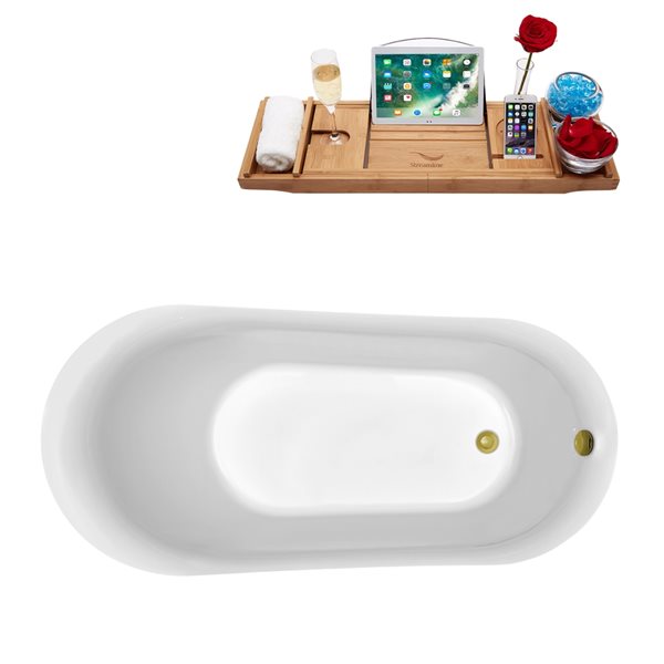 Streamline 31W x 67L Glossy White Acrylic Bathtub and a Polished Gold Reversible Drain with Tray
