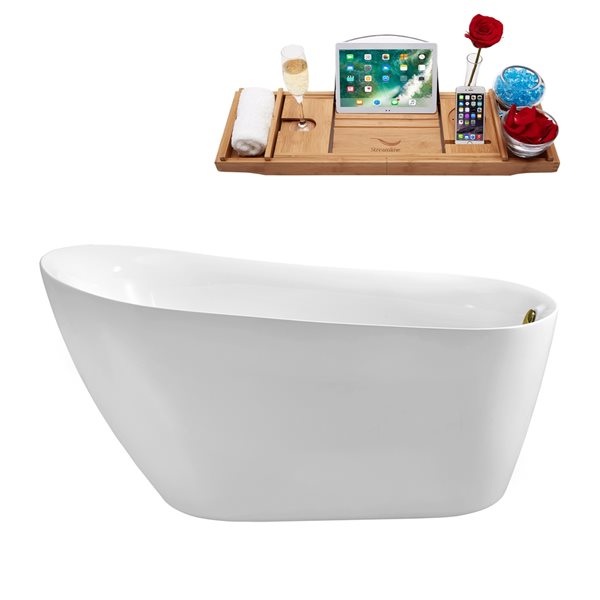 Streamline 31W x 67L Glossy White Acrylic Bathtub and a Polished Gold Reversible Drain with Tray