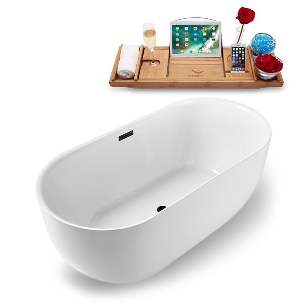 Streamline 28W x 59L Glossy White Acrylic Bathtub and a Matte Black Center Drain with Tray