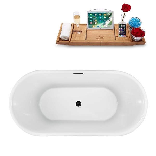 Streamline 28W x 59L Glossy White Acrylic Bathtub and a Matte Black Center Drain with Tray