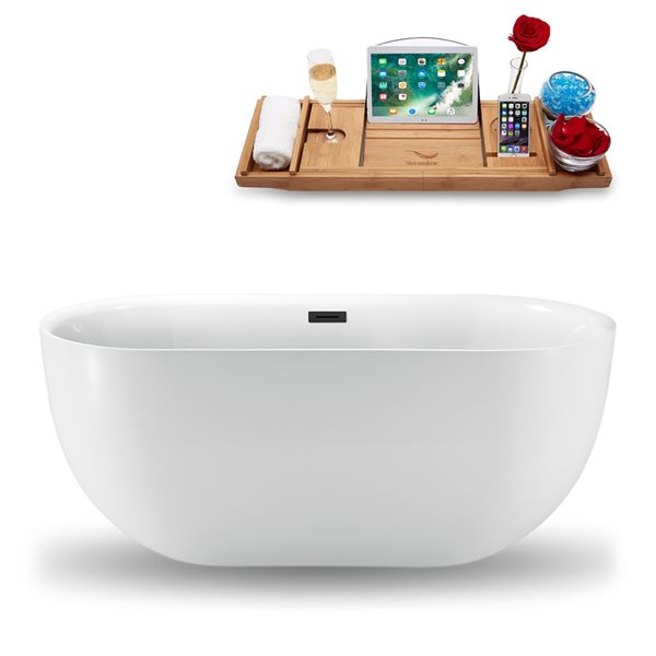 Streamline 28W x 59L Glossy White Acrylic Bathtub and a Matte Black Center Drain with Tray