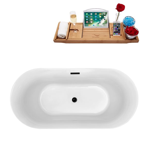 Baignoire en acrylique noir lustré Streamline de 31 po x 67 po avec drain centré noir mat et plateau