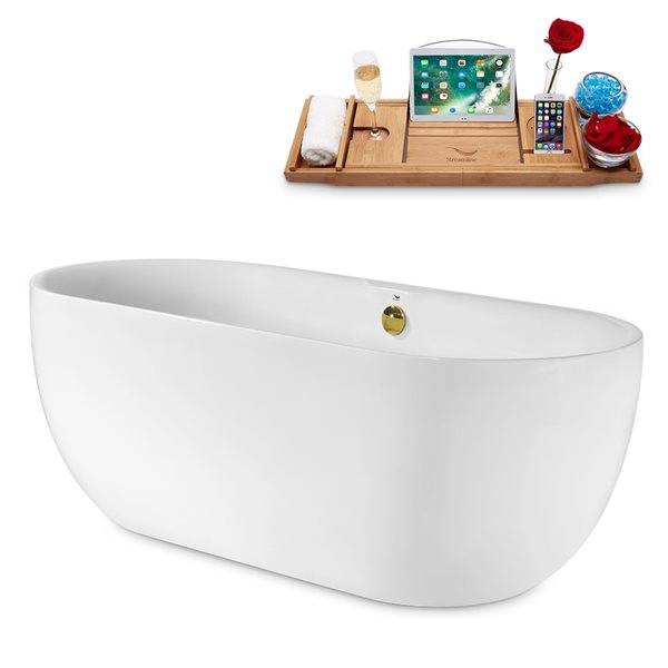 Streamline 30W x 67L Glossy White Acrylic Bathtub and a Polished Gold Center Drain with Tray