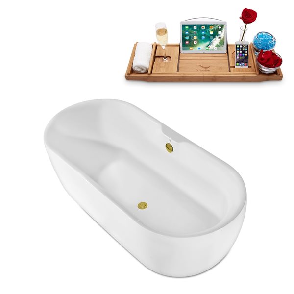 Streamline 30W x 67L Glossy White Acrylic Bathtub and a Polished Gold Center Drain with Tray