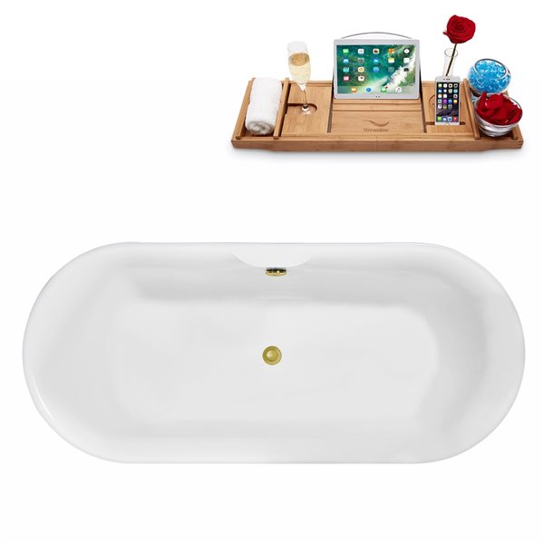 Streamline 30W x 67L Glossy White Acrylic Bathtub and a Polished Gold Center Drain with Tray