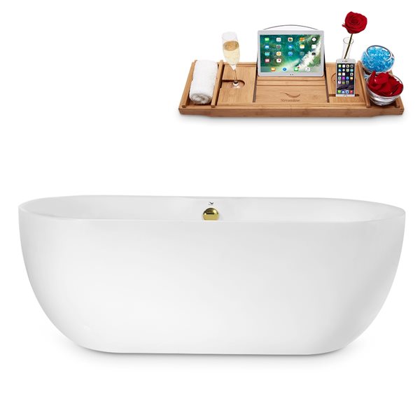 Streamline 30W x 67L Glossy White Acrylic Bathtub and a Polished Gold Center Drain with Tray