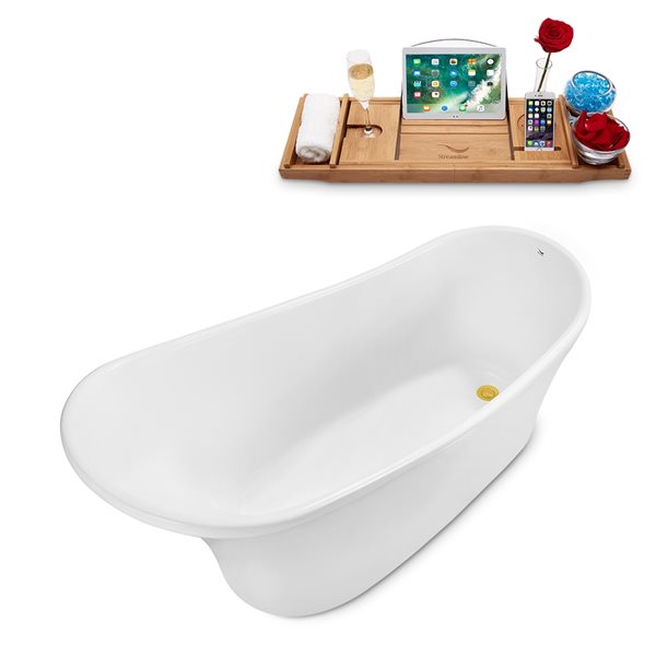 Baignoire en acrylique blanc lustré Streamline de 27 po x 55 po avec drain réversible or poli et plateau