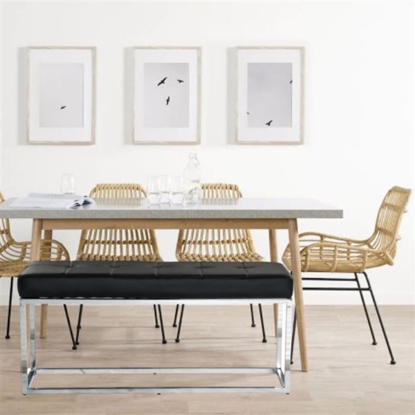 Plata Import Cisne Black Leather Upholstered Bench with Chrome Frame