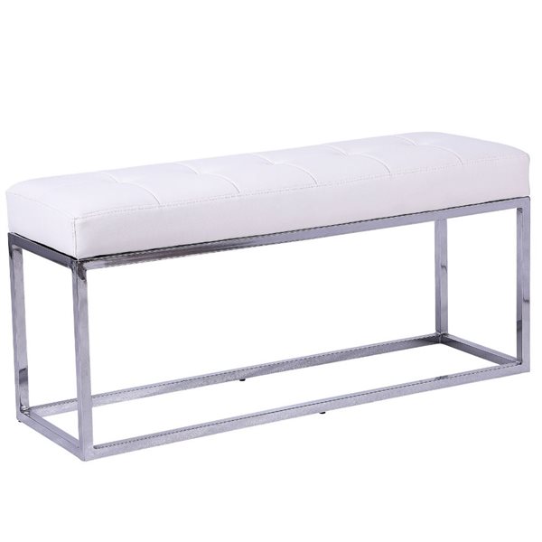 Plata Import Cisne White Leather Upholstered Bench with Chrome Frame