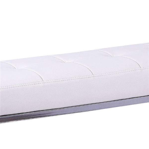 Plata Import Cisne White Leather Upholstered Bench with Chrome Frame