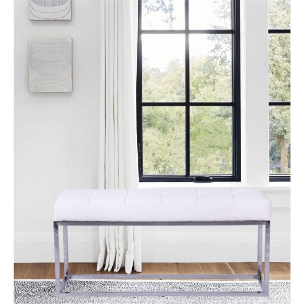 Plata Import Cisne White Leather Upholstered Bench with Chrome Frame