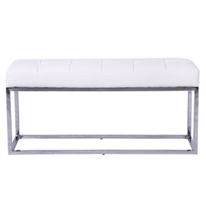 Plata Import Cisne White Leather Upholstered Bench with Chrome Frame