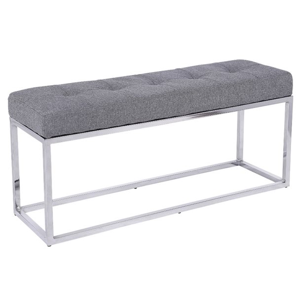 Plata Import Cisne Grey Fabric Upholstered Bench with Chrome Frame