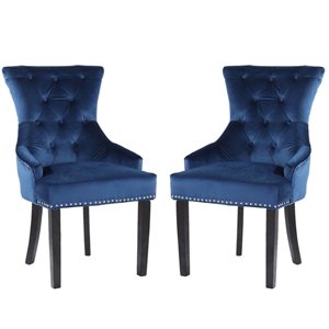 Plata Import Isabella Blue Velvet Dining Chair with Wood Legs -Set of 2