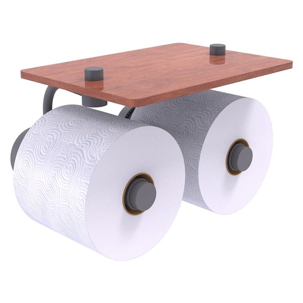 Allied Brass Dottingham Matte Grey Wall Mount Double Post Toilet Paper Holder with Wood Shelf