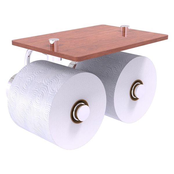 Allied Brass Dottingham Polished Chrome Wall Mount Double Post Toilet Paper Holder with Wood Shelf