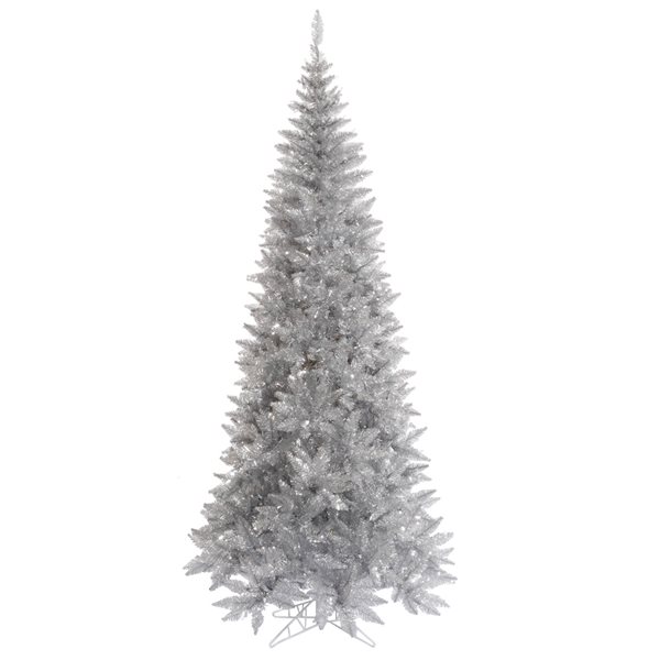 Vickerman 6.5-ft Leg Base Tinsel Fir Slim Right Side Up Silver Artificial Christmas Tree