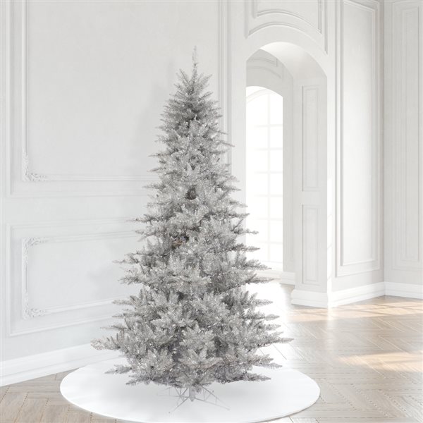 Vickerman 7.5-ft Leg Base Tinsel Fir Full Right Side Up Silver Artificial Christmas Tree