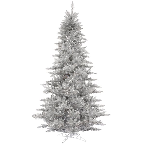 Vickerman 7.5-ft Leg Base Tinsel Fir Full Right Side Up Silver Artificial Christmas Tree