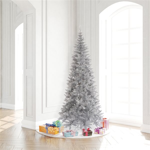 Vickerman 7.5-ft Leg Base Tinsel Slim Right Side Up Silver Artificial Christmas Tree