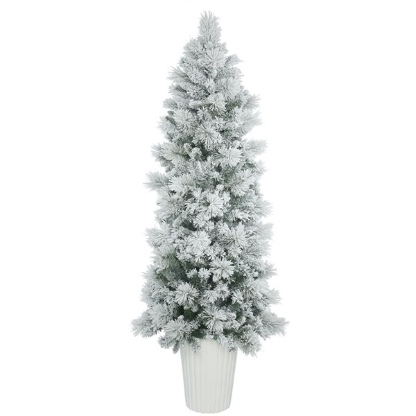 Vickerman 7ft Potted Pine Full Right Side Up Flocked White Artificial
