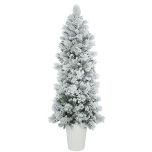 Vickerman 7-ft Potted Pine Full Right Side Up Flocked White Artificial Christmas Tree