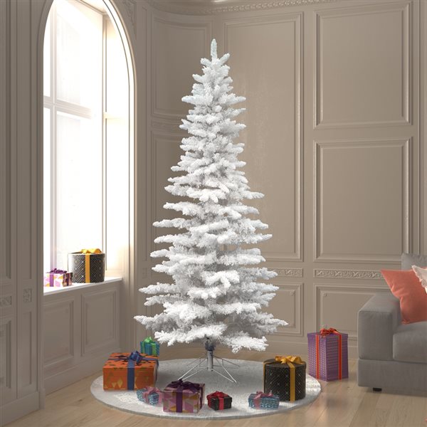 Vickerman 7.5-ft Fir Leg Base Pine Slim Right Side Up Flocked White Artificial Christmas Tree