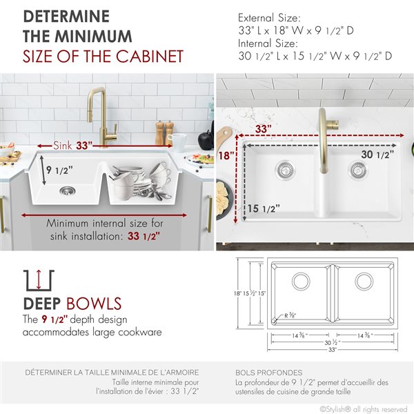 Stylish Pietra 33-in Dual Mount Workstation Double Bowl White Composite Granite Kitchen Sink