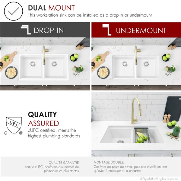 Stylish Pietra 33-in Dual Mount Workstation Double Bowl White Composite Granite Kitchen Sink