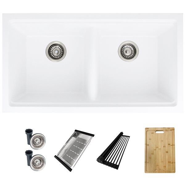 Stylish Pietra 33-in Dual Mount Workstation Double Bowl White Composite Granite Kitchen Sink