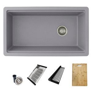 Stylish Pietra 32-in Dual Mount Workstation Single Bowl Gray Composite Granite Kitchen Sink