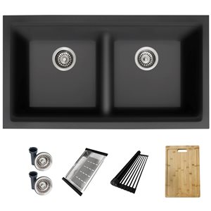 Stylish Pietra 33-in Dual Mount Workstation Double Bowl Black Composite Granite Kitchen Sink