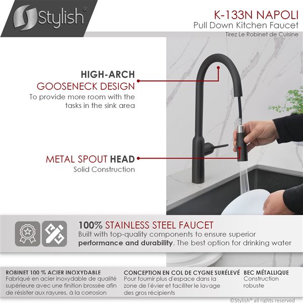 Stylish Matte Black 1-handle Deck Mount Pull-down Commercial/residential Kitchen Faucet