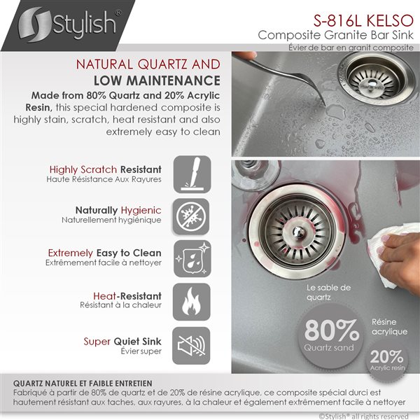Stylish Pietra 16-in Dual Mount Single Bowl Gray Composite Granite Kitchen Sink with Strainer