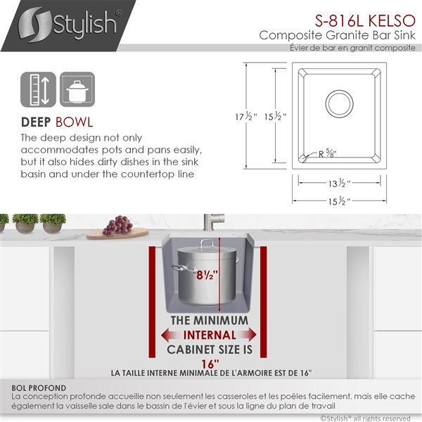 Stylish Pietra 16-in Dual Mount Single Bowl Gray Composite Granite Kitchen Sink with Strainer