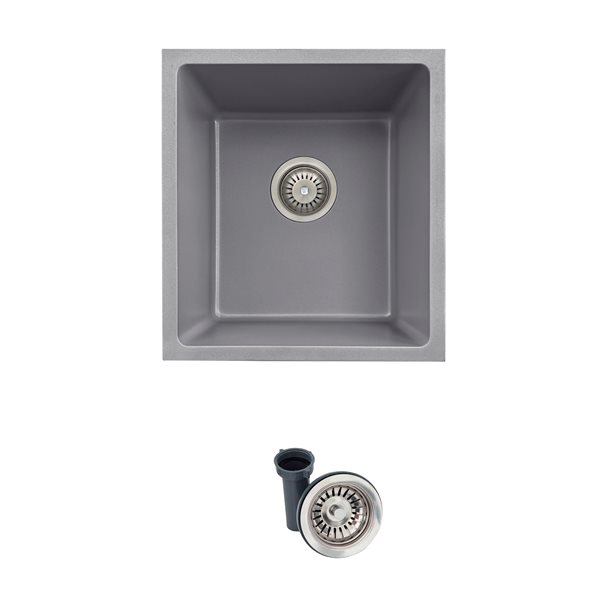 Stylish Pietra 16-in Dual Mount Single Bowl Gray Composite Granite Kitchen Sink with Strainer